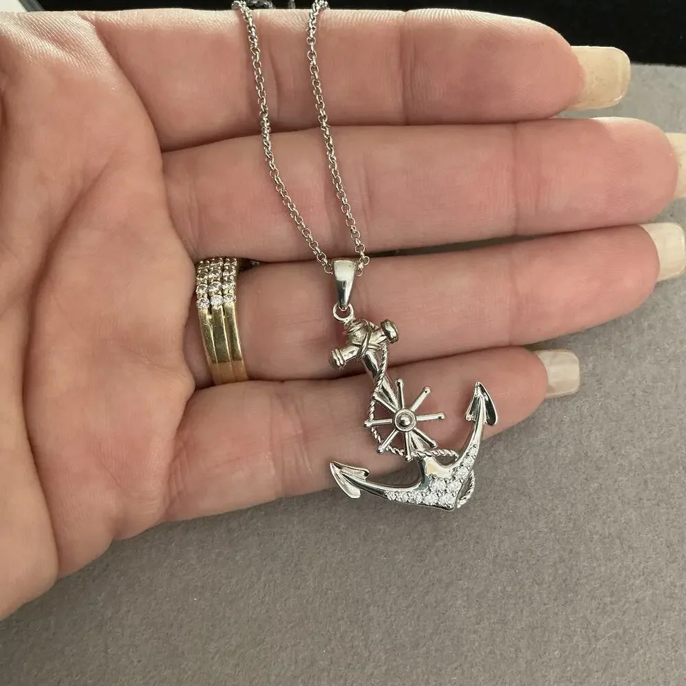 Beautiful Genuine Moissanite Anchor Pendant Necklace Solid 925 Sterling Silver